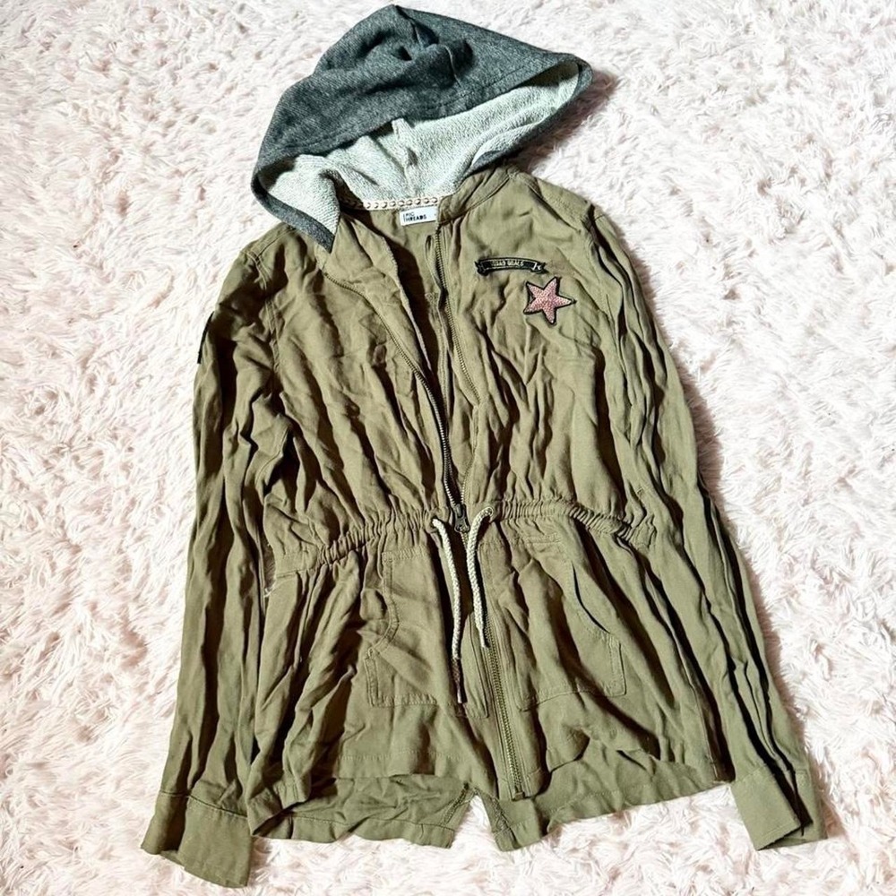Olive Green Utility Gorpcore Military Hooded Shacket Girls XL Patches Distressed
